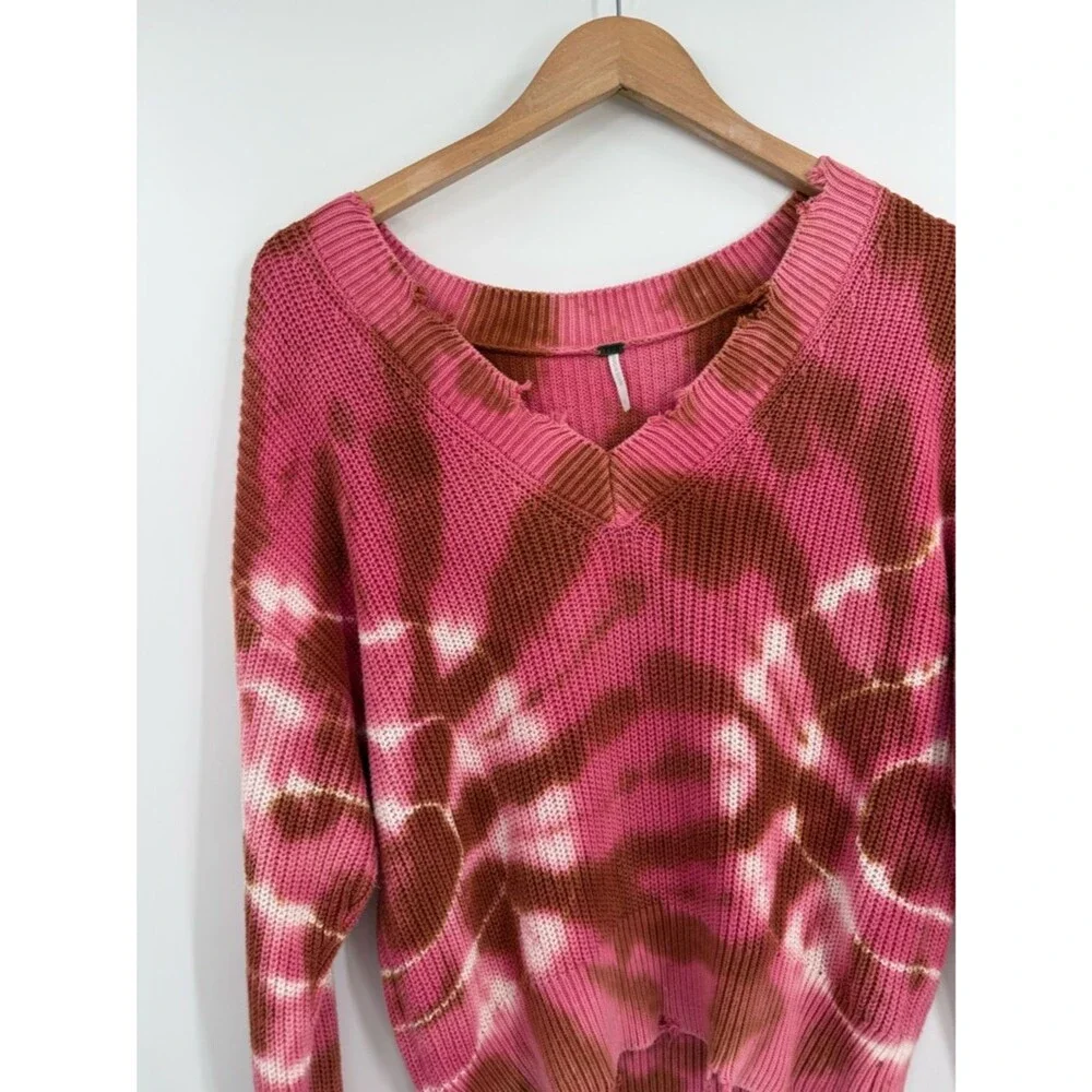 Young Fabulous & Broke Tie Dye Distressed V-Neck Sweater | Pink Multi | Small